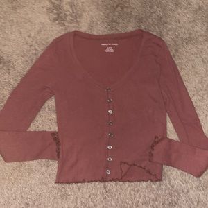 American Eagle Outfitters Rust Red Button Down Ruffle Trim Crop Top - Sz Medium.